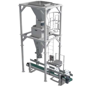 Manual and semi-automatic open-mouth bagging system for filling pre-made industrial bags with free-flowing bulk materials, supplied by Nahu Al Bilad using technology from Union Special Medway.