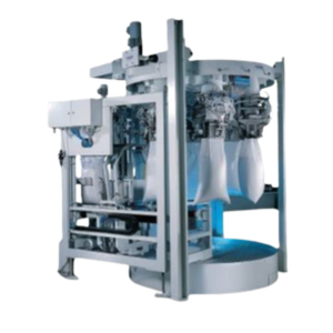 Open-mouth carousel bagging system for automatic filling and sealing of pre-made industrial bags, supplied by Nahu Al Bilad in collaboration with Union Special Medway.